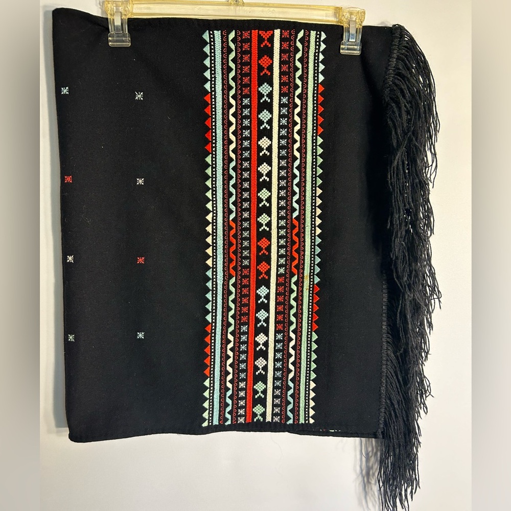 ETHIC WRAP/SCARF WITH FRINGE MULTI COLOR PRINT ON BLACK BACKGROUND WOOL/COTTON